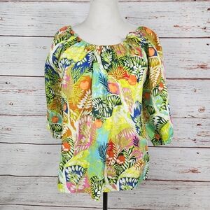 Hester & Orchard Tropical Print Linen Blend Top Size XL
